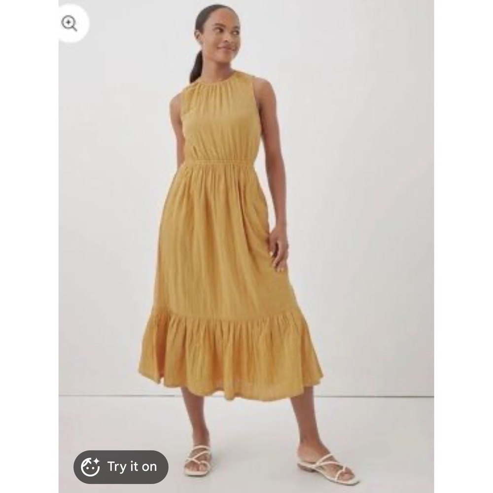 Pact 100% Organic Cottton Boho Hippie Gauze Tiered Mustard Yellow Midi Dress S